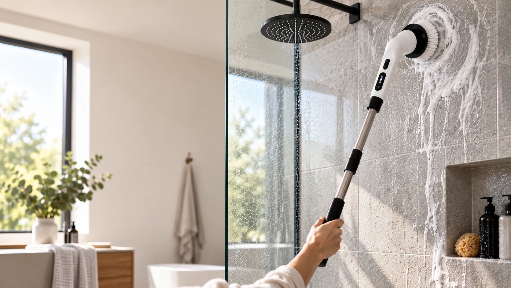 SpinEase cleaning high shower tiles with an extendable cordless handle