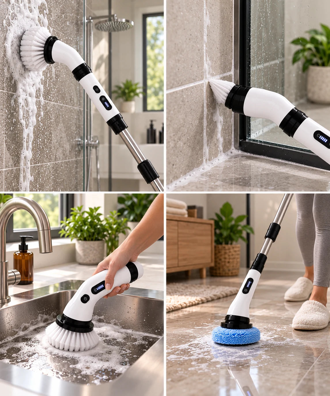SpinEase used with different attachments on shower tile, grout, sink and floor